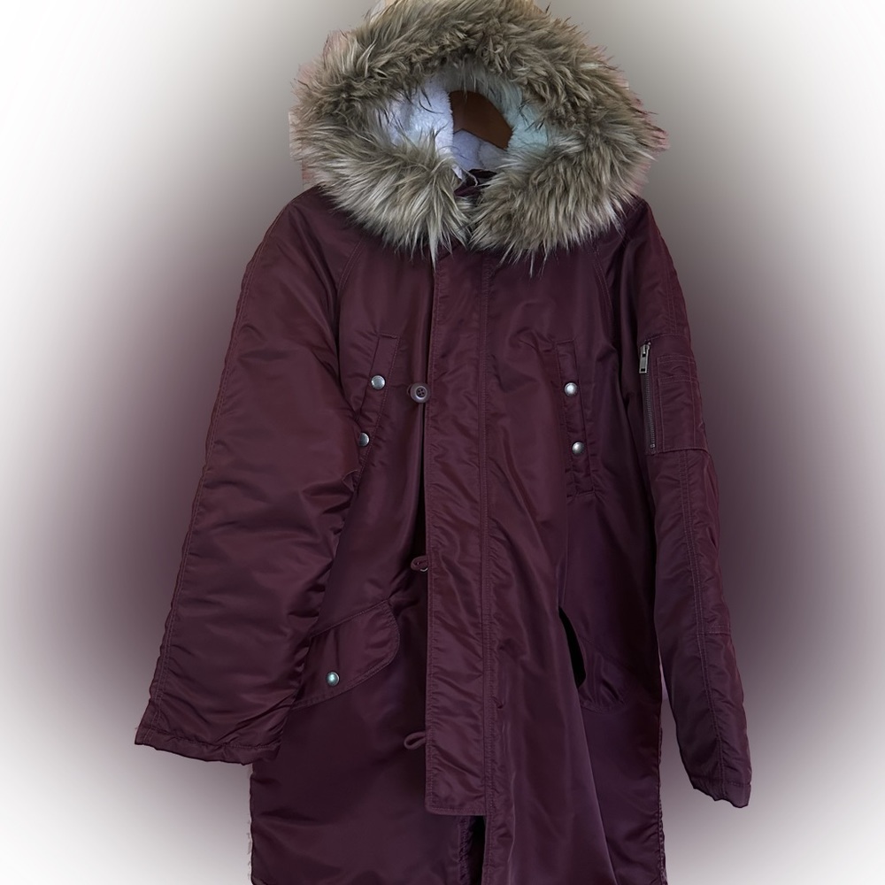 American Eagle women’s Military Parka Coat XL Burgundy Faux Fur Hood jacket